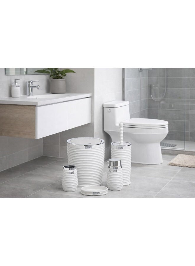 5 Pieces plastic bathroom Set basket - liquid soap dispenser - soap holder - toilet cleaning brush - toothbrush & toothpaste holder chrome - white - Image 5